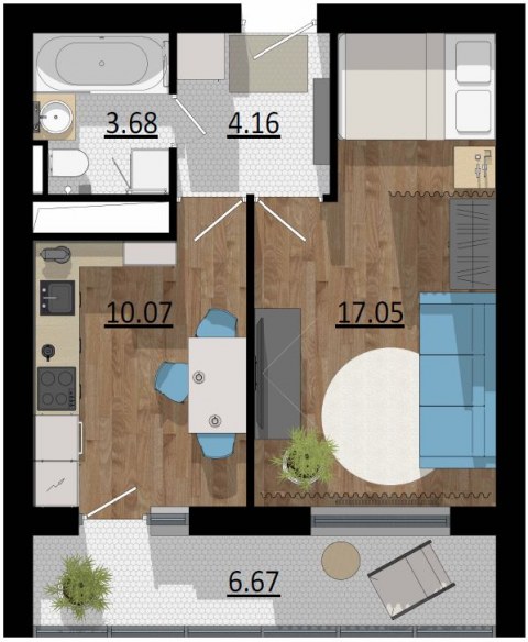 Планировка: 1-комн., 41,7 м²