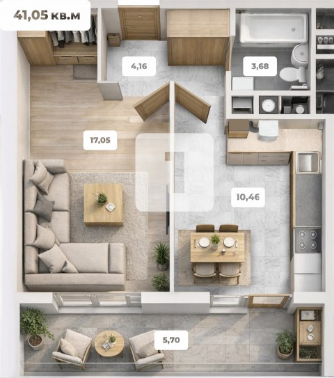 Планировка: 1-комн., 41,1 м²