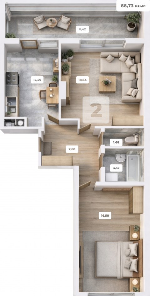 Планировка: 2-комн., 66,7 м²