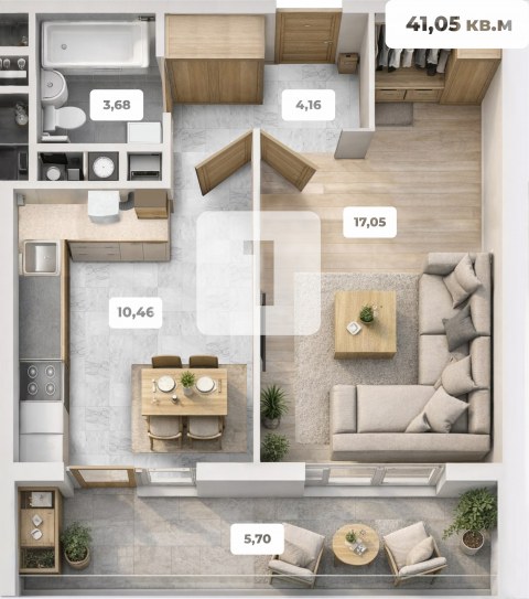 Планировка: 1-комн., 41,1 м²
