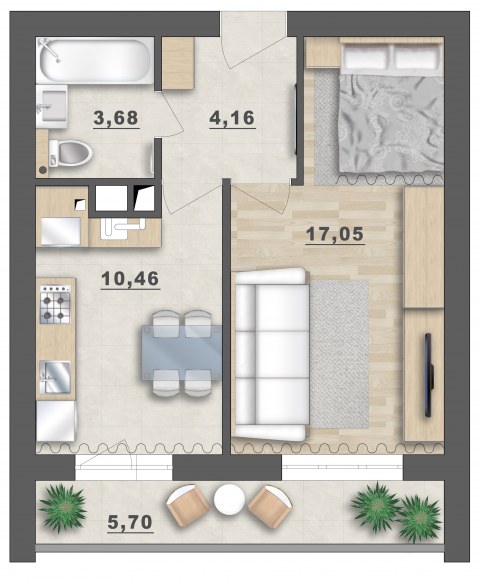 Планировка: 1-комн., 41,1 м²
