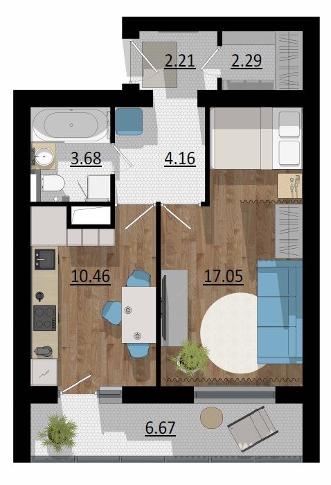 Планировка: 1-комн., 47,3 м²