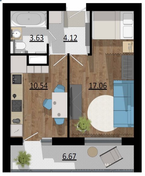 Планировка: 1-комн., 42,9 м²