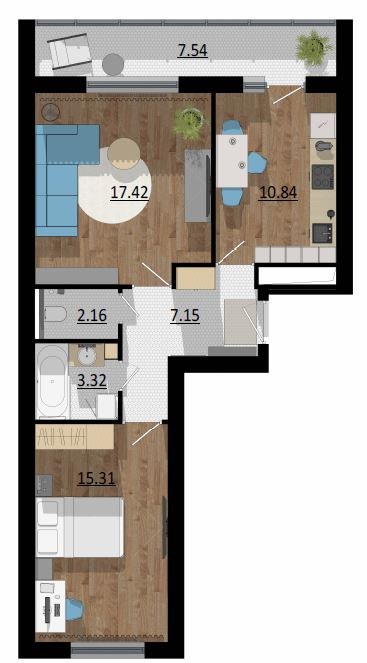Планировка: 2-комн., 64,0 м²