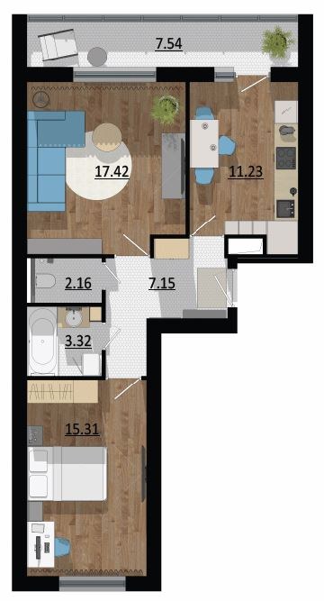 Планировка: 2-комн., 64,5 м²