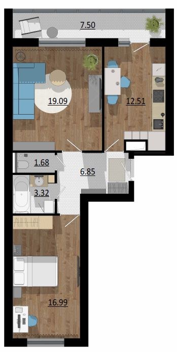 Планировка: 2-комн., 68,7 м²
