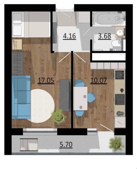 Планировка: 1-комн., 40,7 м²