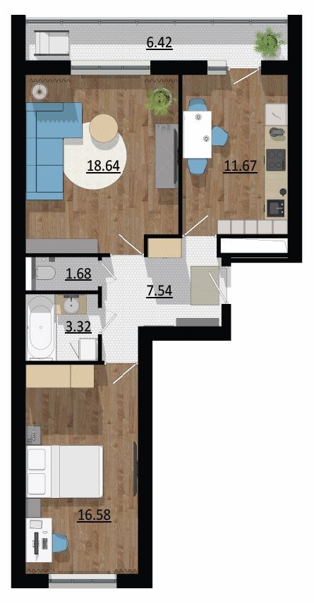 Планировка: 2-комн., 65,9 м²