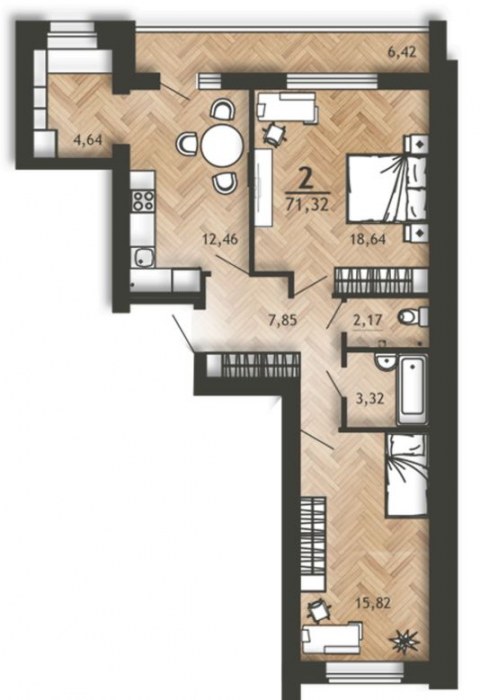 Планировка: 2-комн., 71,3 м²
