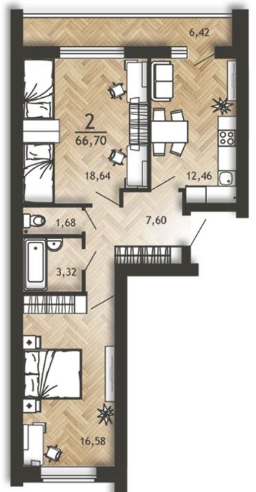 Планировка: 2-комн., 66,7 м²
