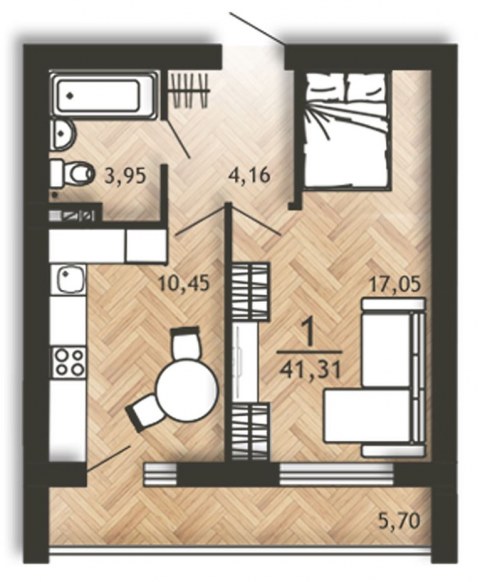 Планировка: 1-комн., 41,3 м²