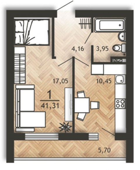 Планировка: 1-комн., 41,3 м²