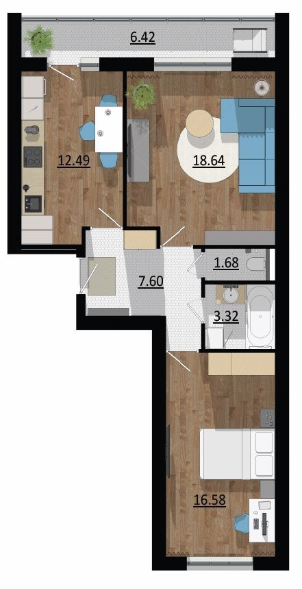 Планировка: 2-комн., 66,7 м²