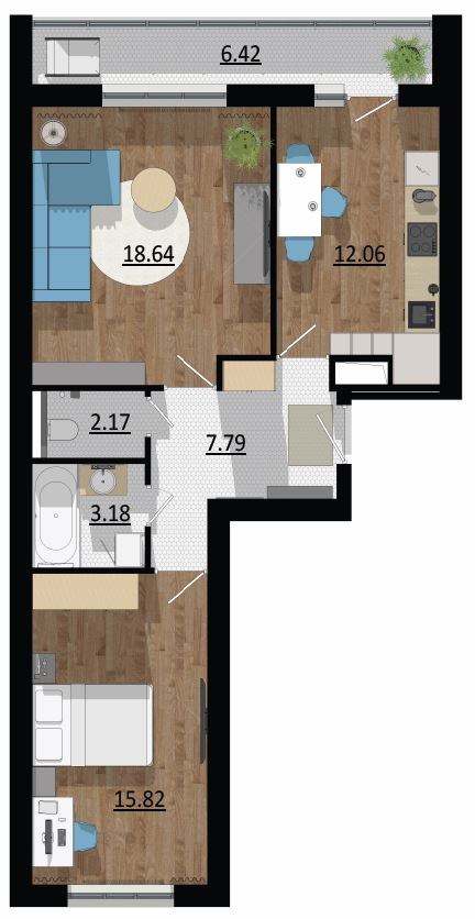 Планировка: 2-комн., 66,1 м²
