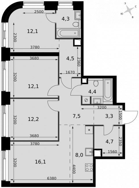 Планировка: 4-комн., 89,2 м²