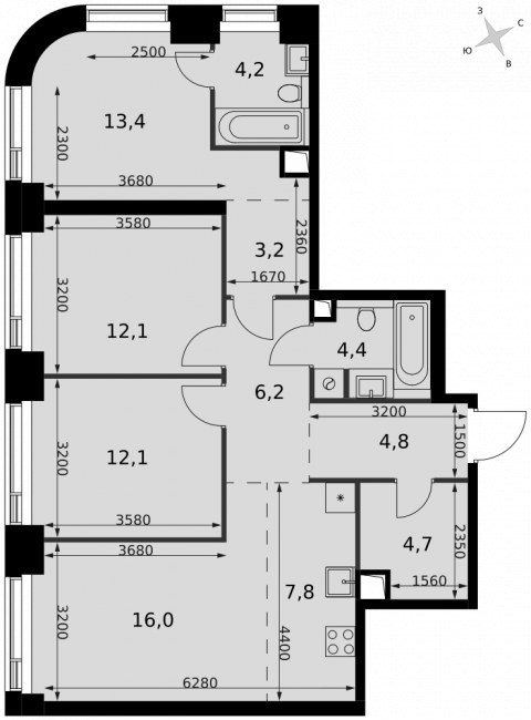 Планировка: 4-комн., 88,9 м²