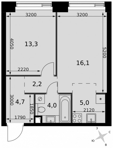 Планировка: 2-комн., 45,3 м²