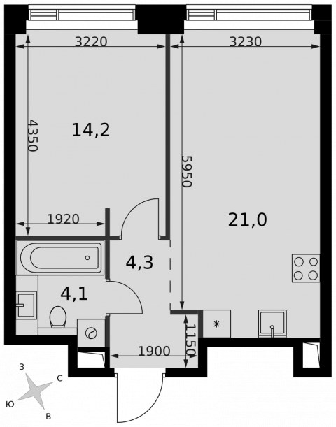 Планировка: 1-комн., 43,6 м²