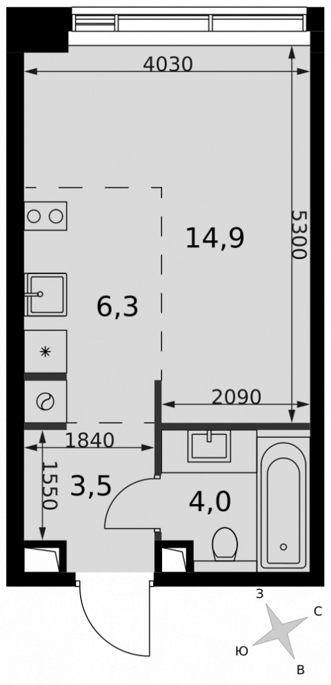Планировка: Студия, 28,7 м²