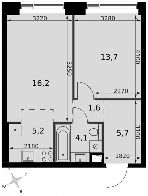 Планировка: 2-комн., 46,5 м²