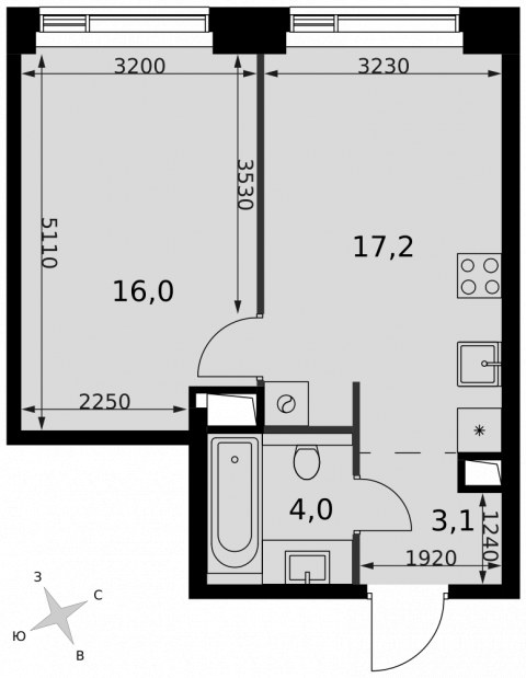 Планировка: 1-комн., 40,3 м²