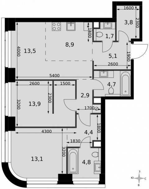 Планировка: 3-комн., 76,8 м²