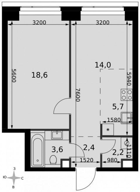 Планировка: 2-комн., 46,5 м²