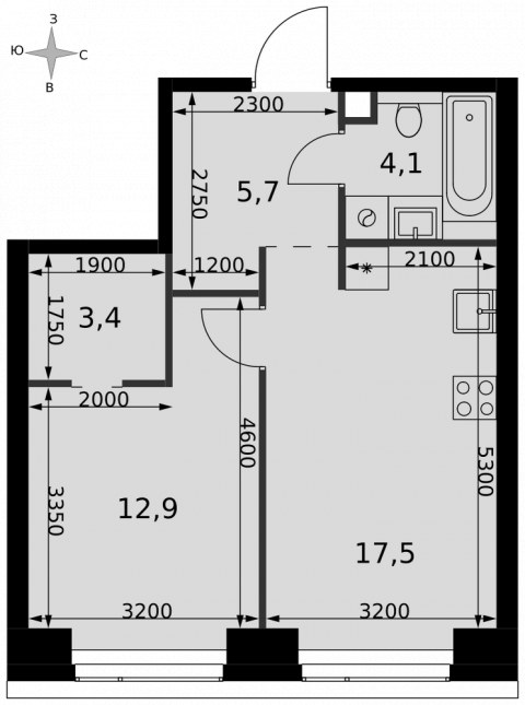 Планировка: 1-комн., 43,6 м²