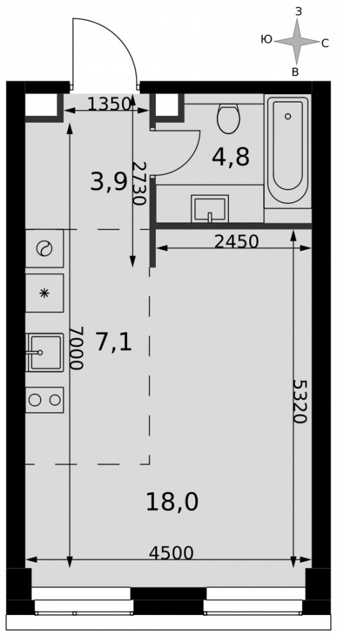 Планировка: Студия, 33,8 м²