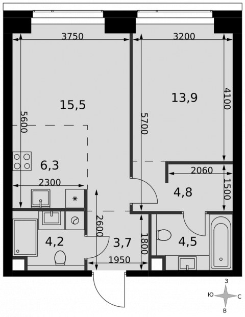 Планировка: 2-комн., 52,9 м²