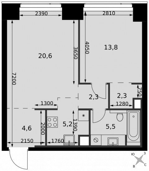 Планировка: 2-комн., 54,3 м²
