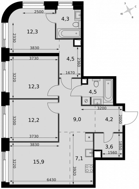 Планировка: 4-комн., 89,9 м²