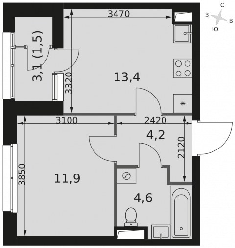 Планировка: 1-комн., 35,6 м²