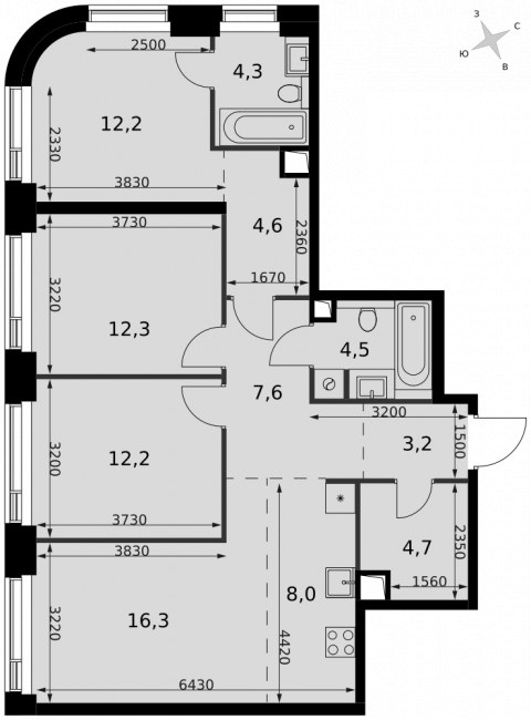 Планировка: 4-комн., 89,9 м²