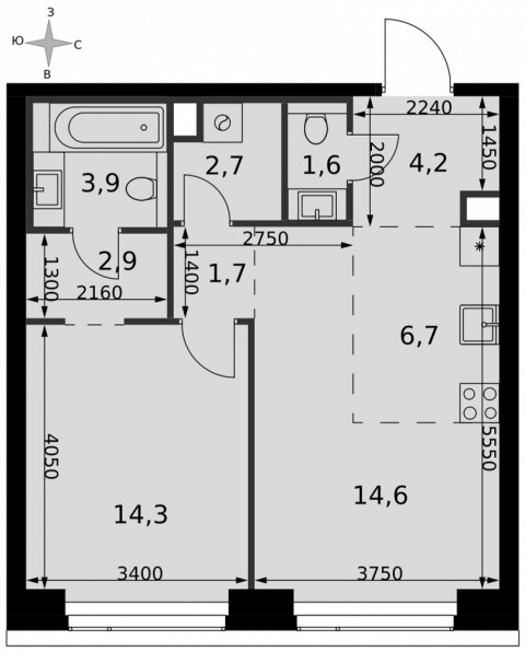 Планировка: 2-комн., 52,6 м²