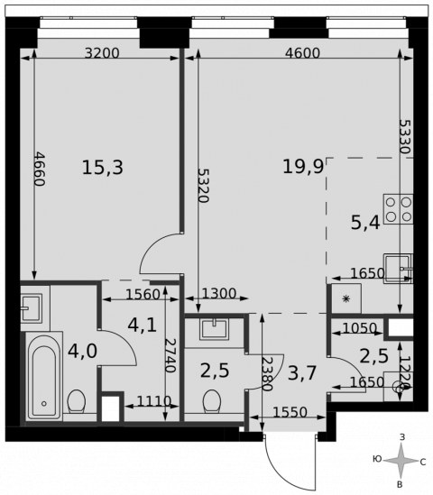 Планировка: 2-комн., 57,4 м²