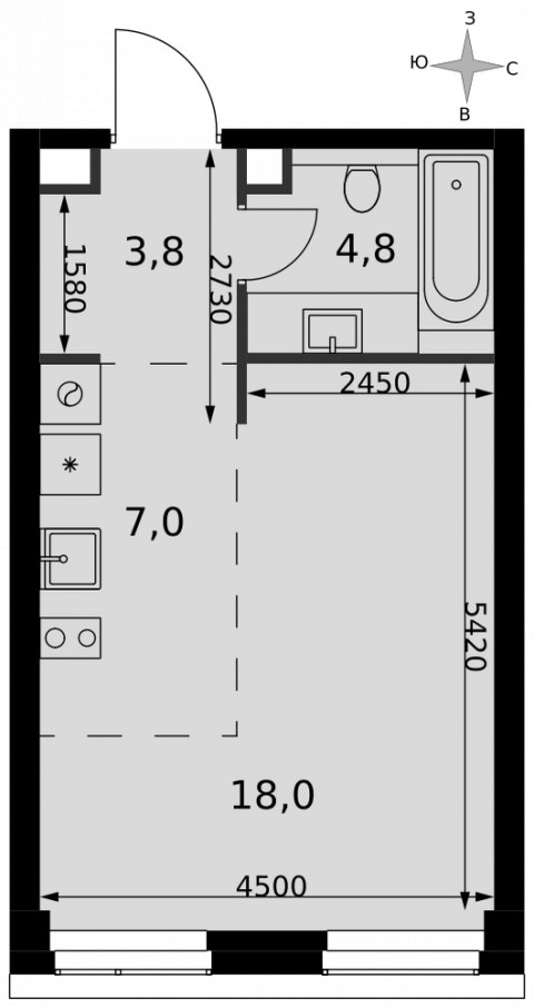 Планировка: Студия, 33,6 м²