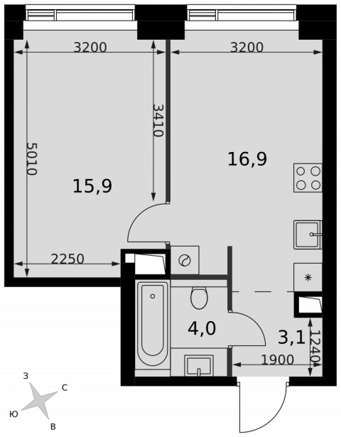 Планировка: 1-комн., 39,9 м²
