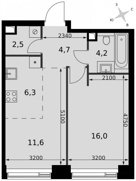 Планировка: 2-комн., 45,3 м²