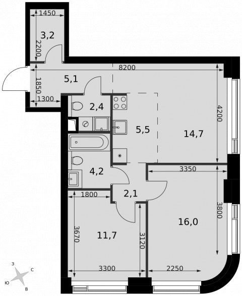 Планировка: 3-комн., 64,9 м²