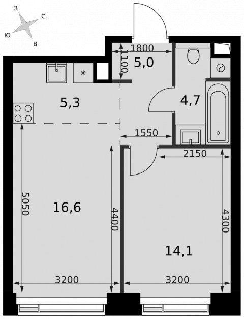 Планировка: 2-комн., 45,7 м²