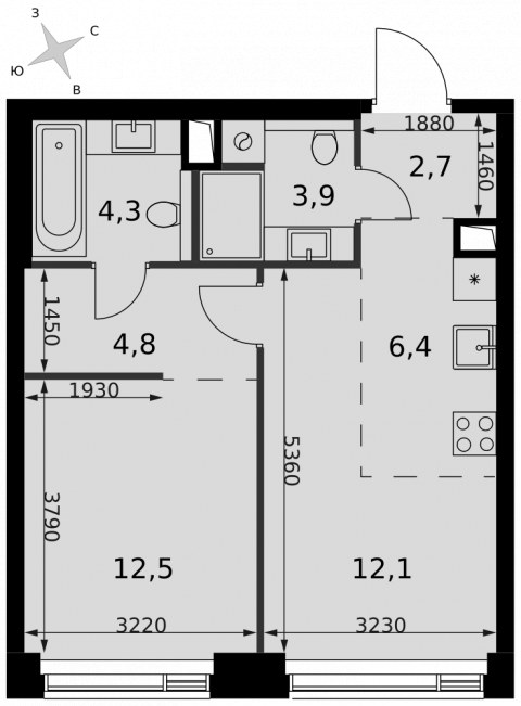 Планировка: 2-комн., 46,7 м²