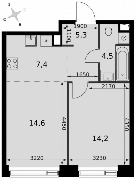 Планировка: 2-комн., 46,0 м²