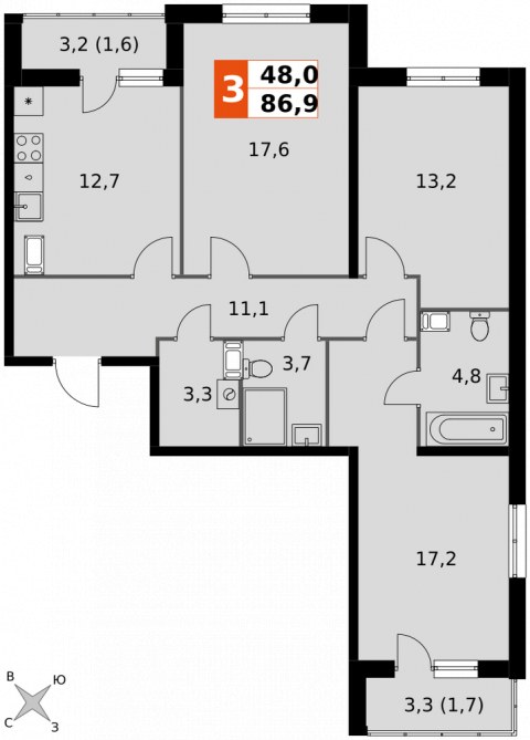 Планировка: 3-комн., 86,9 м²