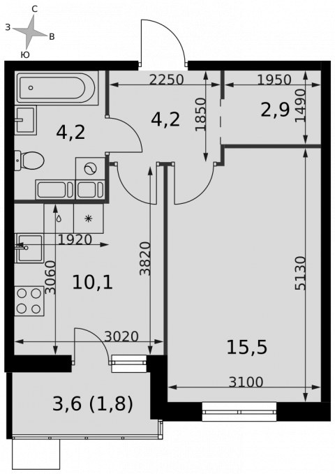 Планировка: 1-комн., 38,7 м²
