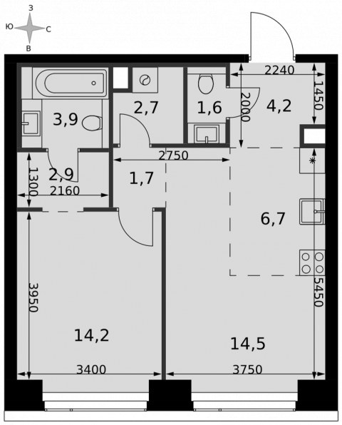 Планировка: 2-комн., 52,4 м²