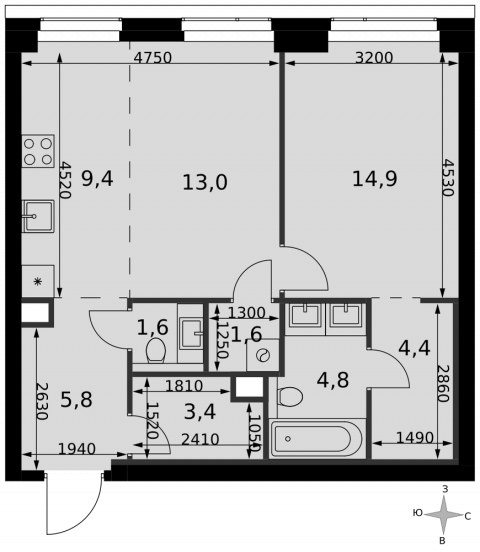 Планировка: 2-комн., 58,9 м²