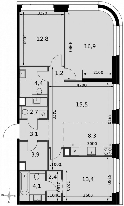Планировка: 4-комн., 88,7 м²