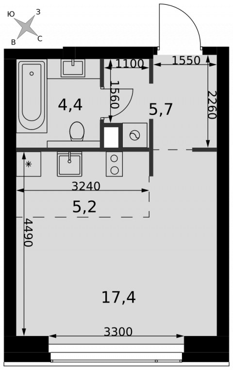 Планировка: Студия, 32,7 м²