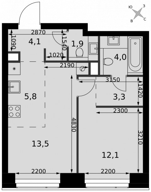 Планировка: 2-комн., 44,7 м²